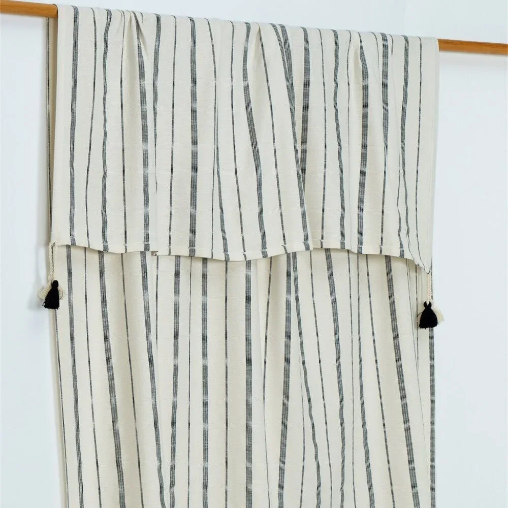 Large off-white & Black striped Turkish Cotton tasseled throw by Cotton & Olive